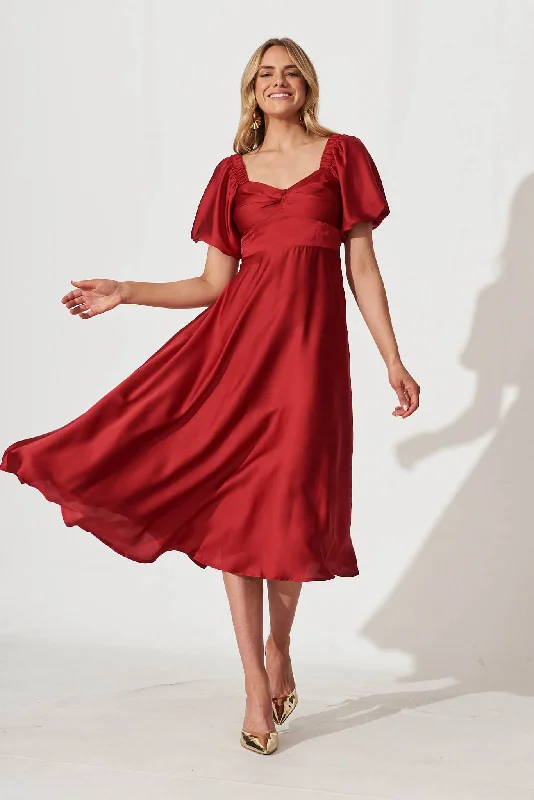 Cape - sleeve midi dress for a unique and stylish appearanceNefertiti Midi Dress In Red Satin Cape - sleeve midi dress for a unique and stylish appearanceNefertiti Midi Dress In Red Satin