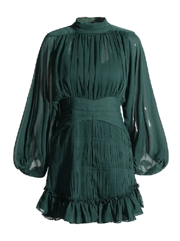 Party Dresses with Bell Sleeves and Ruffled Hem for Ladies' Retro CharmNicola Long Sleeve Mini Dress - Emerald Green