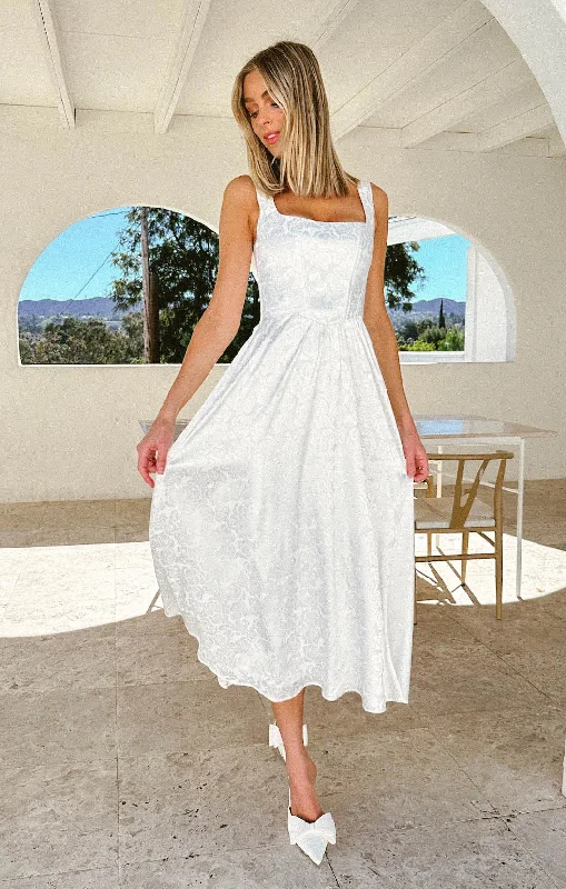Trumpet - style midi dress for a flared and stylish silhouetteNina Midi Dress ~ White Rose Satin