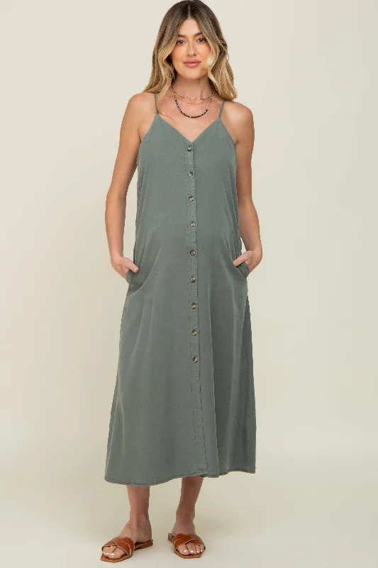 "Shirt dresses for women for a smart - casual style"Olive Button Down Maternity Midi Tank Dress "Shirt dresses for women for a smart - casual style"Olive Button Down Maternity Midi Tank Dress