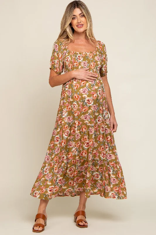 "Sleeveless dresses for women during hot summer days"Olive Floral Smocked Square Neck Tiered Maternity Maxi Dress "Sleeveless dresses for women during hot summer days"Olive Floral Smocked Square Neck Tiered Maternity Maxi Dress