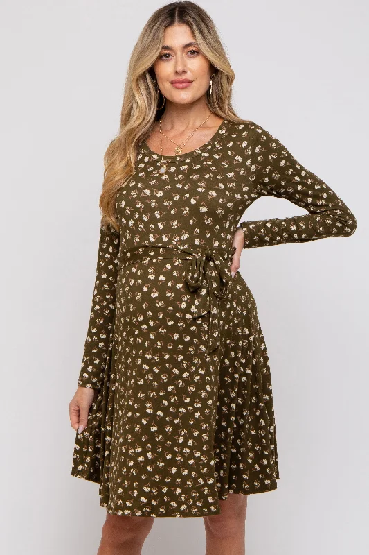 "Maxi dresses for women to wear in the fall"Olive Floral Soft Knit Long Sleeve Maternity Dress "Maxi dresses for women to wear in the fall"Olive Floral Soft Knit Long Sleeve Maternity Dress