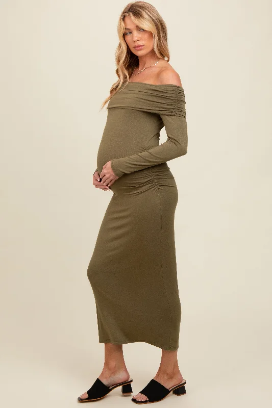 70s - inspired bohemian midi dress with a free - spirited lookOlive Foldover Off Shoulder Long Sleeve Maternity Midi Dress 70s - inspired bohemian midi dress with a free - spirited lookOlive Foldover Off Shoulder Long Sleeve Maternity Midi Dress