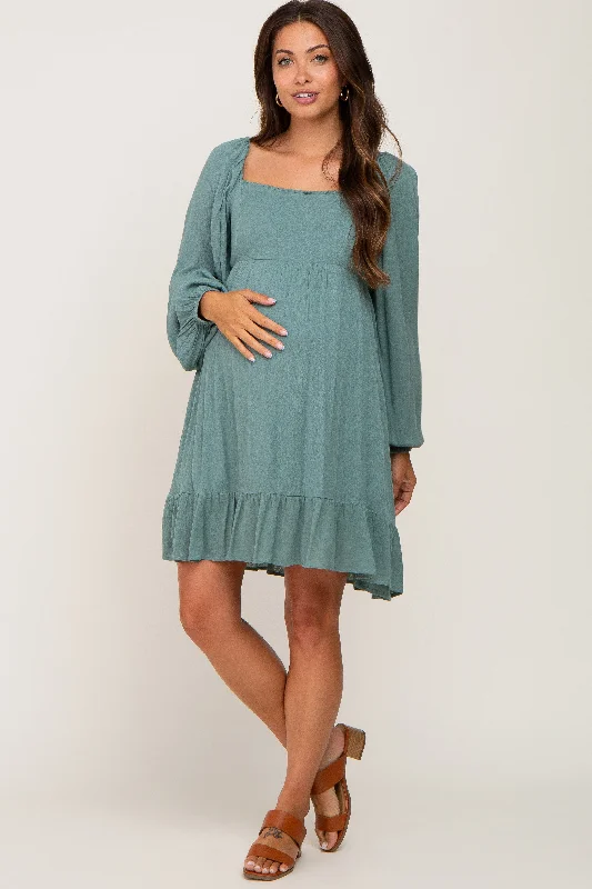 "Sustainable and eco - friendly women's dresses"Olive Square Neck Puff Long Sleeve Maternity Dress "Sustainable and eco - friendly women's dresses"Olive Square Neck Puff Long Sleeve Maternity Dress