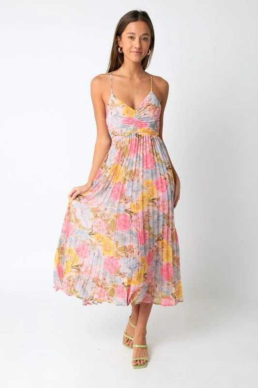 Midi dress for a shopping spree while remaining comfortable on your feetOlivia Pink Floral Midi Dress