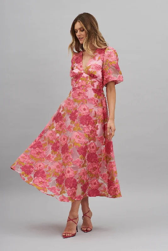 Midi dress for a church service in a more relaxed and modern churchOpulence Midi Dress In Pink Floral Organza Burnout