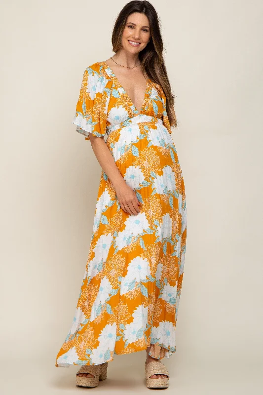 "Maxi dresses for women to wear in the fall"Orange Floral Deep V-Neck Maternity Maxi Dress "Maxi dresses for women to wear in the fall"Orange Floral Deep V-Neck Maternity Maxi Dress