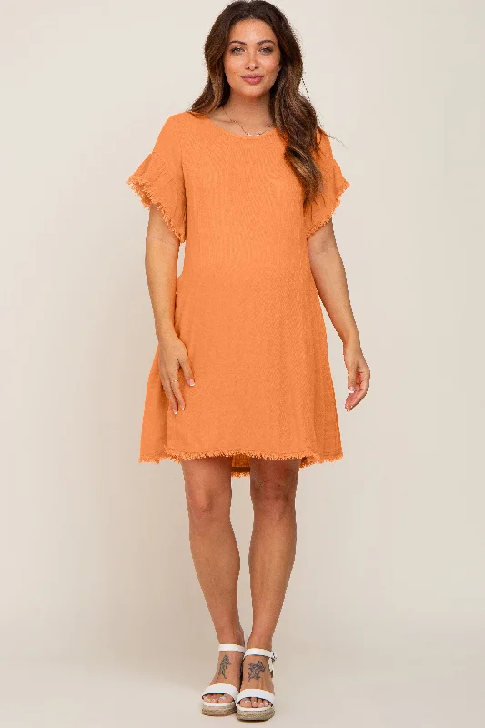 "Petite women's dresses with flattering fits"Orange Frayed Trim Back Keyhole Linen Maternity Dress "Petite women's dresses with flattering fits"Orange Frayed Trim Back Keyhole Linen Maternity Dress
