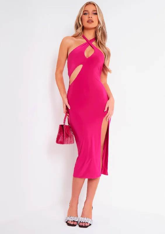 Ruched midi dress for a figure - hugging and flattering fitParis Pink Layer Slinky Cut Out Midi Dress