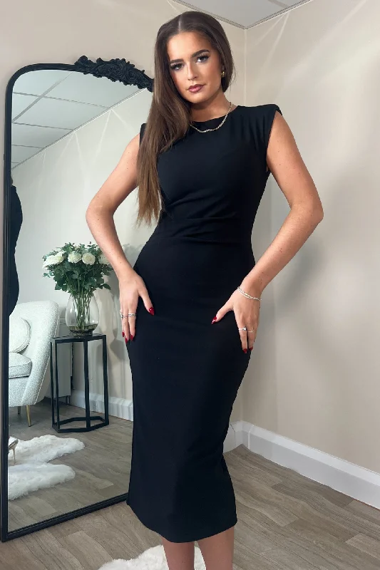 Midi dress for a gym session if it has sufficient stretchPari Black Ruched Shoulder Pad Midi Dress