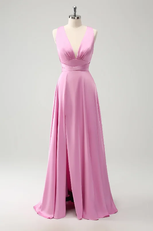 Party Dresses with Embroidered Birds and Sequined Floral Motifs for Ladies' Nature Inspired and Elegant LookPink A Line V-Neck Backless Bridesmaid Dress with Slit Party Dresses with Embroidered Birds and Sequined Floral Motifs for Ladies' Nature Inspired and Elegant LookPink A Line V-Neck Backless Bridesmaid Dress with Slit