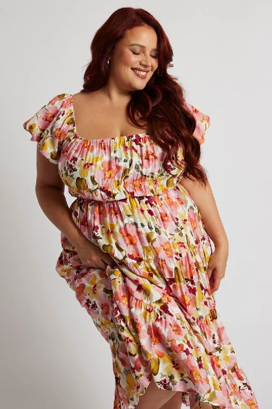 Ruffled hem midi dress for a charming and playful vibePink Floral Midi Dress Short Sleeve Ruched