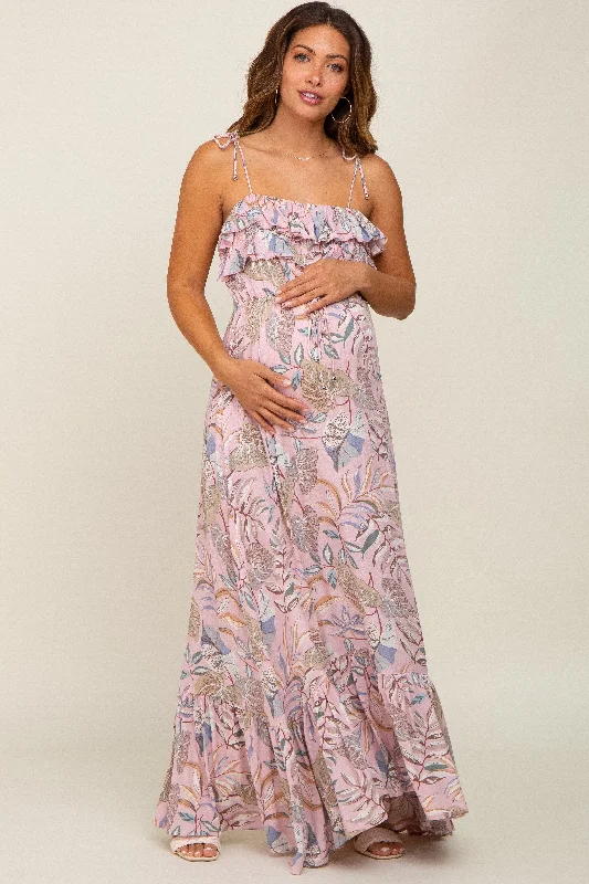 "Floral print dresses for women for a feminine look"Pink Floral Ruffle Top Back Cutout Maternity Maxi Dress "Floral print dresses for women for a feminine look"Pink Floral Ruffle Top Back Cutout Maternity Maxi Dress