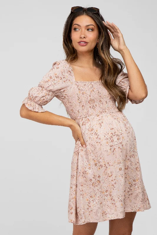 "White dresses for women for a fresh and clean look"Pink Floral Smocked Square Neck Puff Sleeve Maternity Dress