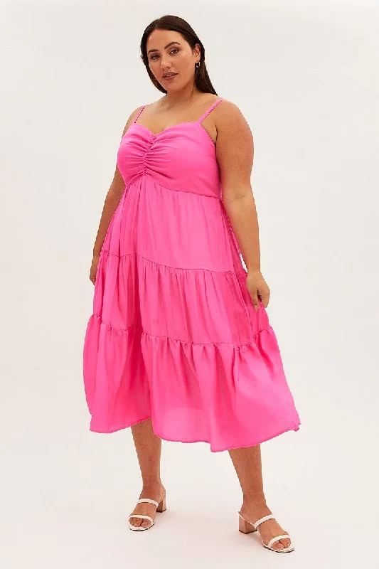Asymmetric hem midi dress for a unique and fashionable stylePink Midi Dress Gather Bust Detail Strappy Matte Satin