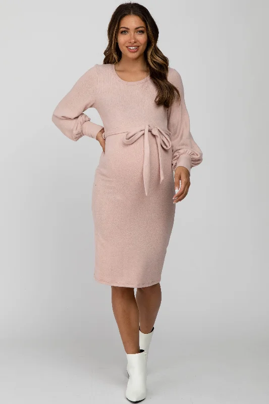 "Bohemian - style women's dresses for music festivals"Pink Soft Brushed Waist Tie Bubble Sleeve Maternity Dress
