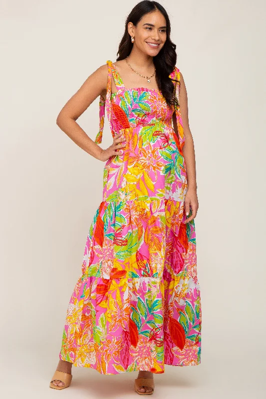 "Affordable plus size women's summer dresses"Pink Tropical Print Smocked Tie Sleeve Maternity Maxi Dress "Affordable plus size women's summer dresses"Pink Tropical Print Smocked Tie Sleeve Maternity Maxi Dress