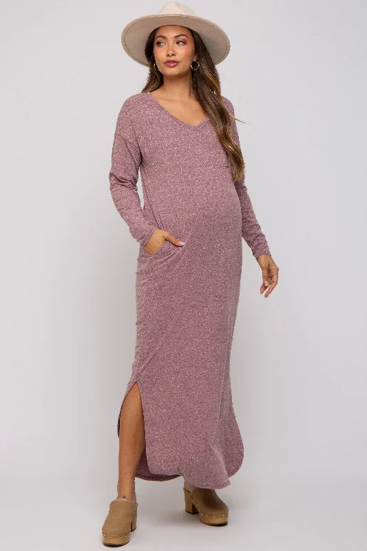 "Red dresses for women to make a bold statement"Plum Heathered Pocketed Long Sleeve Maternity Maxi Dress "Red dresses for women to make a bold statement"Plum Heathered Pocketed Long Sleeve Maternity Maxi Dress