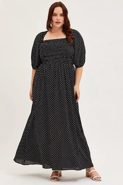 Designer - brand midi dress with a high - end labelPolka Dot Midi Dress Scoop Neck Short Sleeve