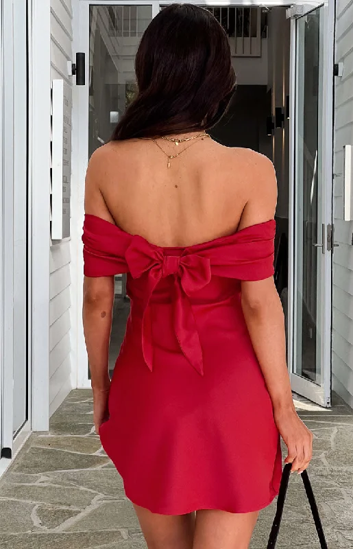 Plunging Neckline Party Dresses with Sequined Trim for Ladies' Glamorous EventsPrimrose Red Satin Off the Shoulder Mini Dress Plunging Neckline Party Dresses with Sequined Trim for Ladies' Glamorous EventsPrimrose Red Satin Off the Shoulder Mini Dress