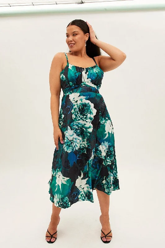Tassel - adorned midi dress for a bohemian and stylish touchPrint Midi Dress Shoestring Strap Tie Back Satin