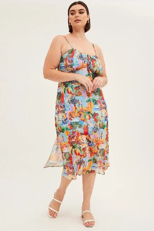 Contemporary - designed midi dress with modern detailsPrint Midi Dress Tie Front Postcard Mesh