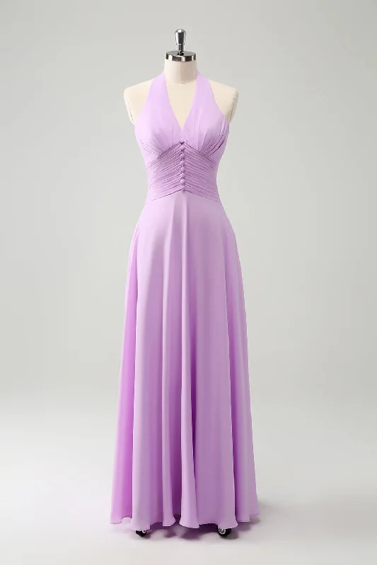 Organza Party Dresses with Sparkly Appliques for Ladies' Delicate and Dreamy LookPurple A Line Halter Chiffon Long Backless Bridesmaid Dress