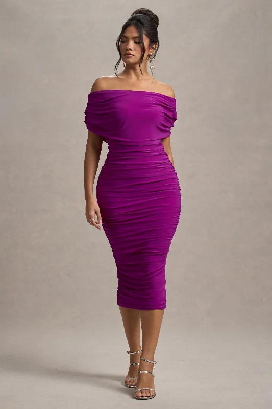 Mermaid - style midi dress for a figure - hugging and glamorous lookRayleigh | Dark Pink Bardot Ruched Midi Dress