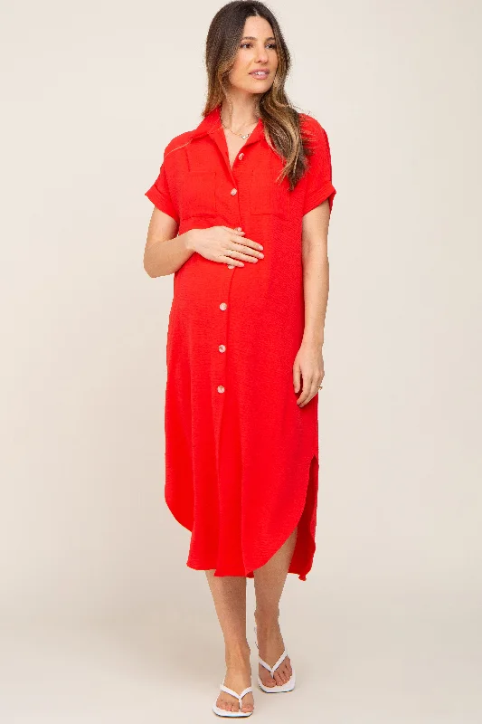 "Seasonal Sale: Save Big on Women's Dresses for Every Occasion"Red Button Down Hi Low Maternity Maxi Dress "Seasonal Sale: Save Big on Women's Dresses for Every Occasion"Red Button Down Hi Low Maternity Maxi Dress