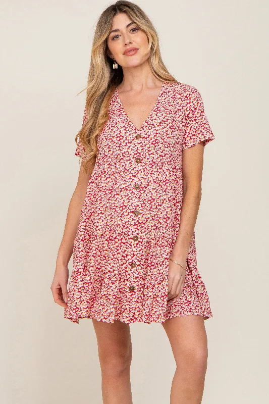 "Beach wedding dresses for women for a laid - back ceremony"Red Floral Button Down Tiered Maternity Dress "Beach wedding dresses for women for a laid - back ceremony"Red Floral Button Down Tiered Maternity Dress