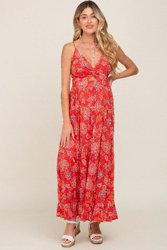 "Sequined dresses for women to shine at parties"Red Floral Front Twist Maternity Maxi Dress "Sequined dresses for women to shine at parties"Red Floral Front Twist Maternity Maxi Dress