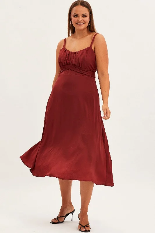 Cape - sleeve midi dress for a unique and stylish appearanceRed Midi Dress Shoestring Strap Tie Back Satin