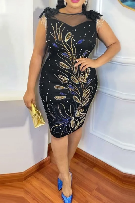 Sequin - embellished midi dress for a sparkly and eye - catching styleRhinestone Elegant Tassel Decor Mesh Patchwork Midi Dress