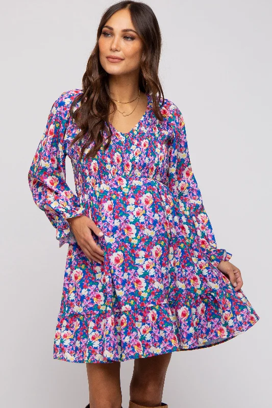 "Striped dresses for women with a classic touch"Royal Blue Floral Smocked V-Neck Maternity Dress "Striped dresses for women with a classic touch"Royal Blue Floral Smocked V-Neck Maternity Dress