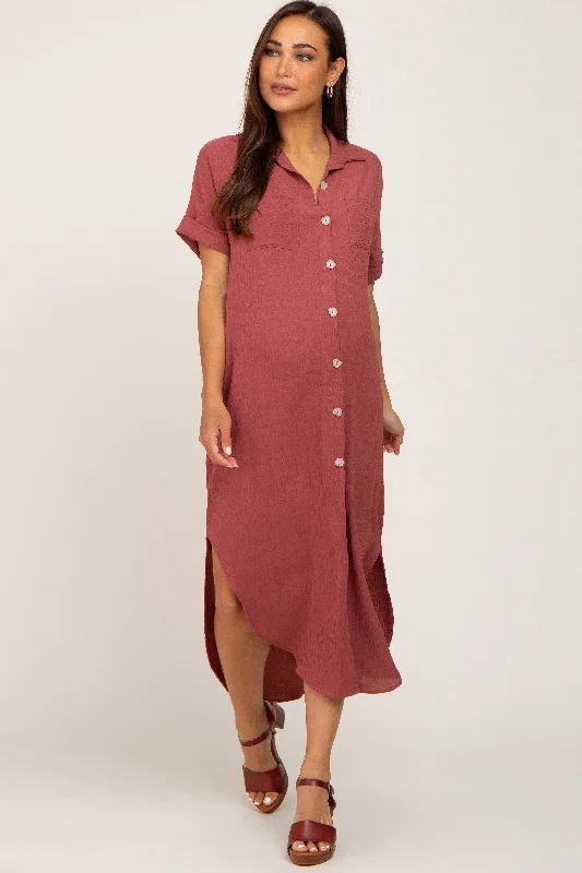 "Limited - Time Offer: Up to 50% Off on Women's Dresses!"Rust Button Down Hi Low Maternity Maxi Dress "Limited - Time Offer: Up to 50% Off on Women's Dresses!"Rust Button Down Hi Low Maternity Maxi Dress