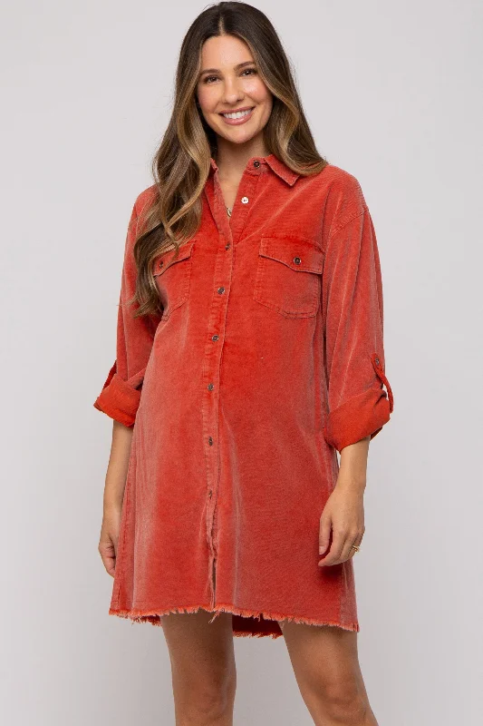 "Simple wedding dresses for women who prefer understated elegance"Rust Corduroy Button Front Fringe Hem Maternity Dress "Simple wedding dresses for women who prefer understated elegance"Rust Corduroy Button Front Fringe Hem Maternity Dress