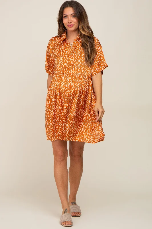 "Beaded dresses for women for a glamorous look"Rust Printed Satin Collared Maternity Dress "Beaded dresses for women for a glamorous look"Rust Printed Satin Collared Maternity Dress