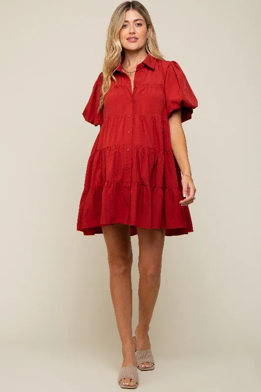 "Bohemian - style women's dresses for music festivals"Rust Puff Sleeve Maternity Mini Shirt Dress "Bohemian - style women's dresses for music festivals"Rust Puff Sleeve Maternity Mini Shirt Dress