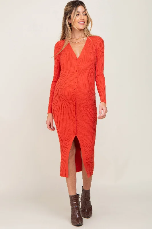 "Off - shoulder dresses for women to show off collarbones"Rust Ribbed Button Front Long Sleeve Maternity Dress "Off - shoulder dresses for women to show off collarbones"Rust Ribbed Button Front Long Sleeve Maternity Dress