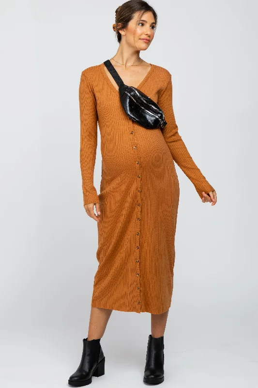 "Smart casual dresses for women for work - to - weekend transitions"Rust Ribbed Button Front Midi Cardigan Maternity Dress "Smart casual dresses for women for work - to - weekend transitions"Rust Ribbed Button Front Midi Cardigan Maternity Dress