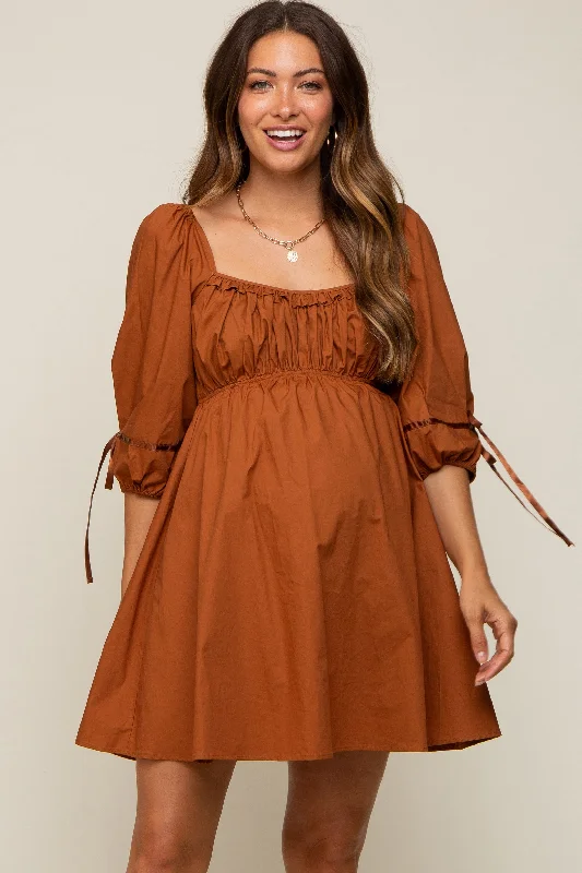 "Graduation dresses for women to celebrate in style"Rust Ruched Puff Sleeve Maternity Dress "Graduation dresses for women to celebrate in style"Rust Ruched Puff Sleeve Maternity Dress