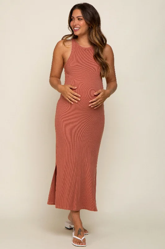 "Seasonal Sale: Save Big on Women's Dresses for Every Occasion"Rust Sleeveless Ribbed Side Slit Maternity Maxi Dress "Seasonal Sale: Save Big on Women's Dresses for Every Occasion"Rust Sleeveless Ribbed Side Slit Maternity Maxi Dress