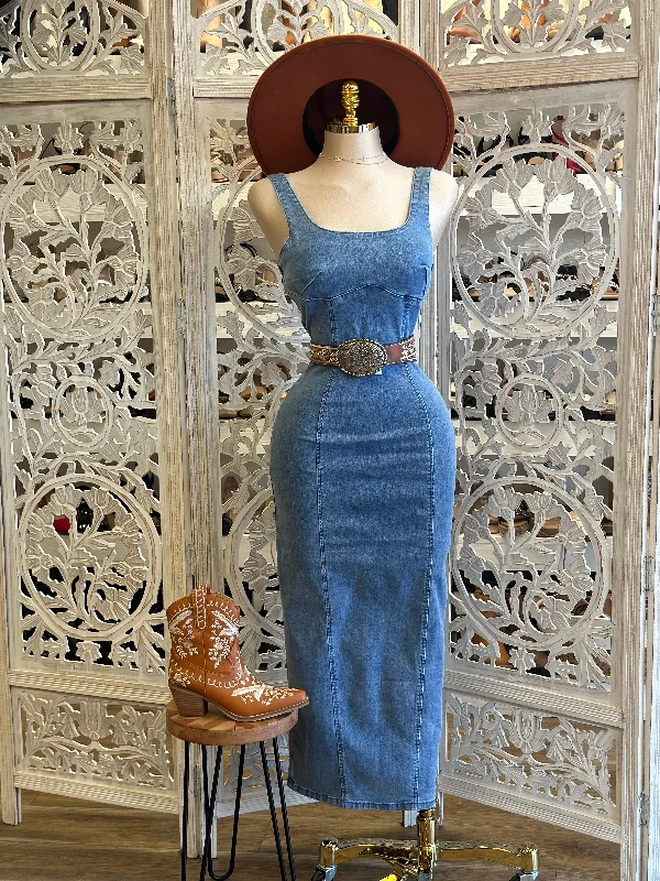 Midi dress for a family gathering in a casual settingScoop Back Denim Midi Dress - Estira Poco, Slightly Stretchy
