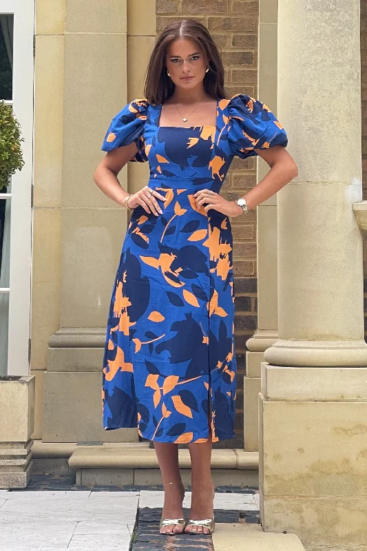 Midi dress for travel due to its versatility and durabilityShanice Cobalt & Orange Floral Square Neck Midi Dress