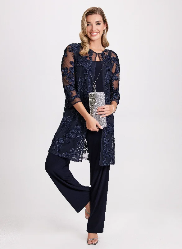 Party Dresses with Pleated Skirts and Lace Overlay for Ladies' Feminine and Timeless LookSheer Floral Jacket, Camisole & Pant Set Party Dresses with Pleated Skirts and Lace Overlay for Ladies' Feminine and Timeless LookSheer Floral Jacket, Camisole & Pant Set