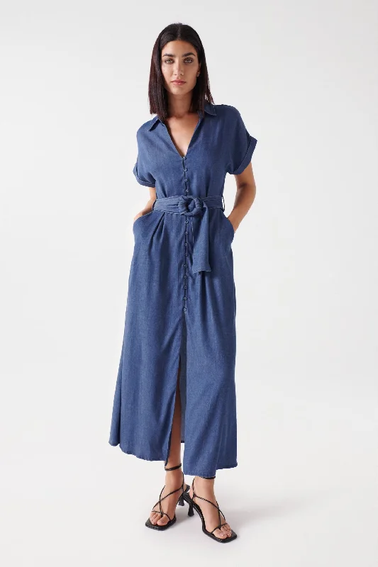 A - line satin midi dress for a formal and elegant occasionSalsa Belted Waist Midi Dress, Blue Denim