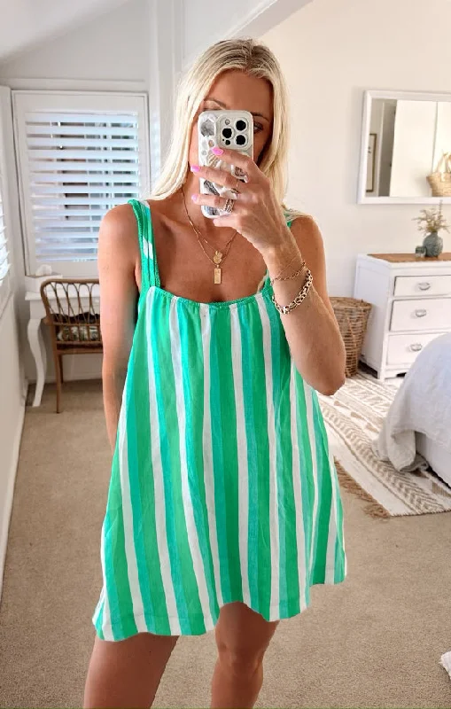 Party Dresses with Satin Trimmed Collar and Bow Back and Embroidered Skirt for Ladies' Classic and Intricate LookSicily Dress ~ Parasol Stripe Linen Party Dresses with Satin Trimmed Collar and Bow Back and Embroidered Skirt for Ladies' Classic and Intricate LookSicily Dress ~ Parasol Stripe Linen