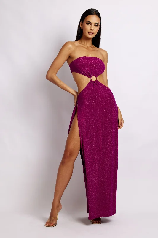Party Dresses with Sequined Star Motifs and Sheer Sleeve for Ladies' Celestial and Elegant LookSierra Strapless Shimmer Dress - Violet Shimmer Party Dresses with Sequined Star Motifs and Sheer Sleeve for Ladies' Celestial and Elegant LookSierra Strapless Shimmer Dress - Violet Shimmer