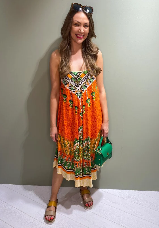 High - low hem midi dress for a modern and stylish lookSerafina Collection Luna Print One Size Midi Dress, Orange
