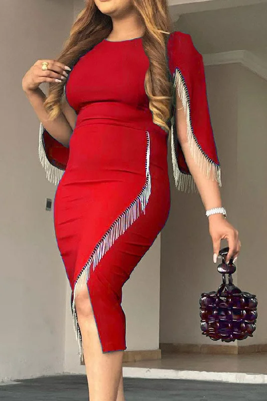 Luxury midi dress made from premium materialsSolid Color Retro Tassel Patchwork Irregular Split Midi Dress Luxury midi dress made from premium materialsSolid Color Retro Tassel Patchwork Irregular Split Midi Dress